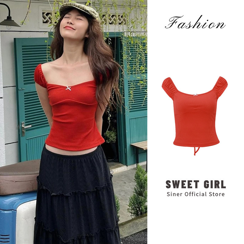 Siner-ผู้หญิงittis Sweet Slim Crop Tops Solid Ribbed Cap Sleeve Sweetheart Neck Mini Bow Front T-Shirt Streetwear