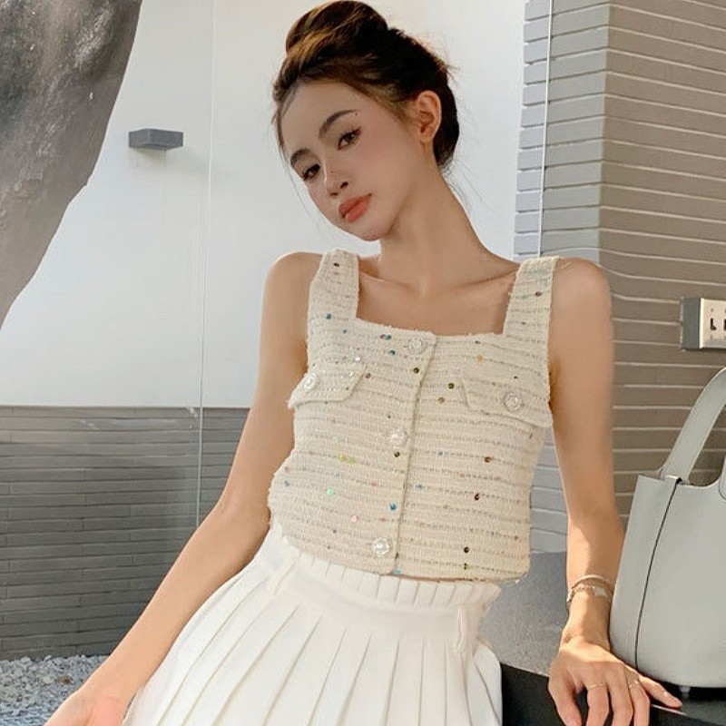 KaeKai พร้อมส่ง ครอปกล้าม งานคอเหลี่ยม ผ้าทวิต แฟชั่นผู้หญิง น่ารักมากๆ สไตล์เกาหลี