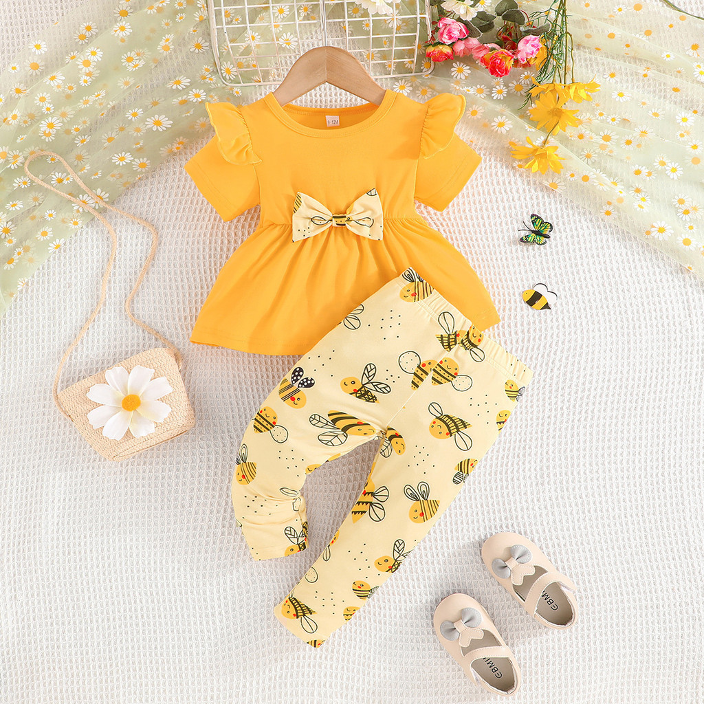 ชุดเด็กผู้หญิง เสื้อและกางเกง แขนสั้น ลายการ์ตูนผึ้ง ชุดเด็กทารก แฟชั่นฤดูร้อน สําหรับเด็กผู้หญิง 3-24 เดือน