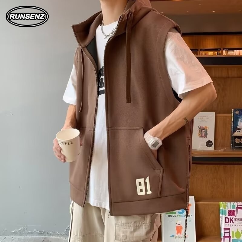 M-8xl เวอร ์ ชั ่ นเกาหลีเสื ้ อกั ๊ กคลุมด ้ วยผ ้ าผู ้ ชายขนาดบวกถังเรียบง ่ ายหลวมสาเหตุแขนกุดด ้ านบน
