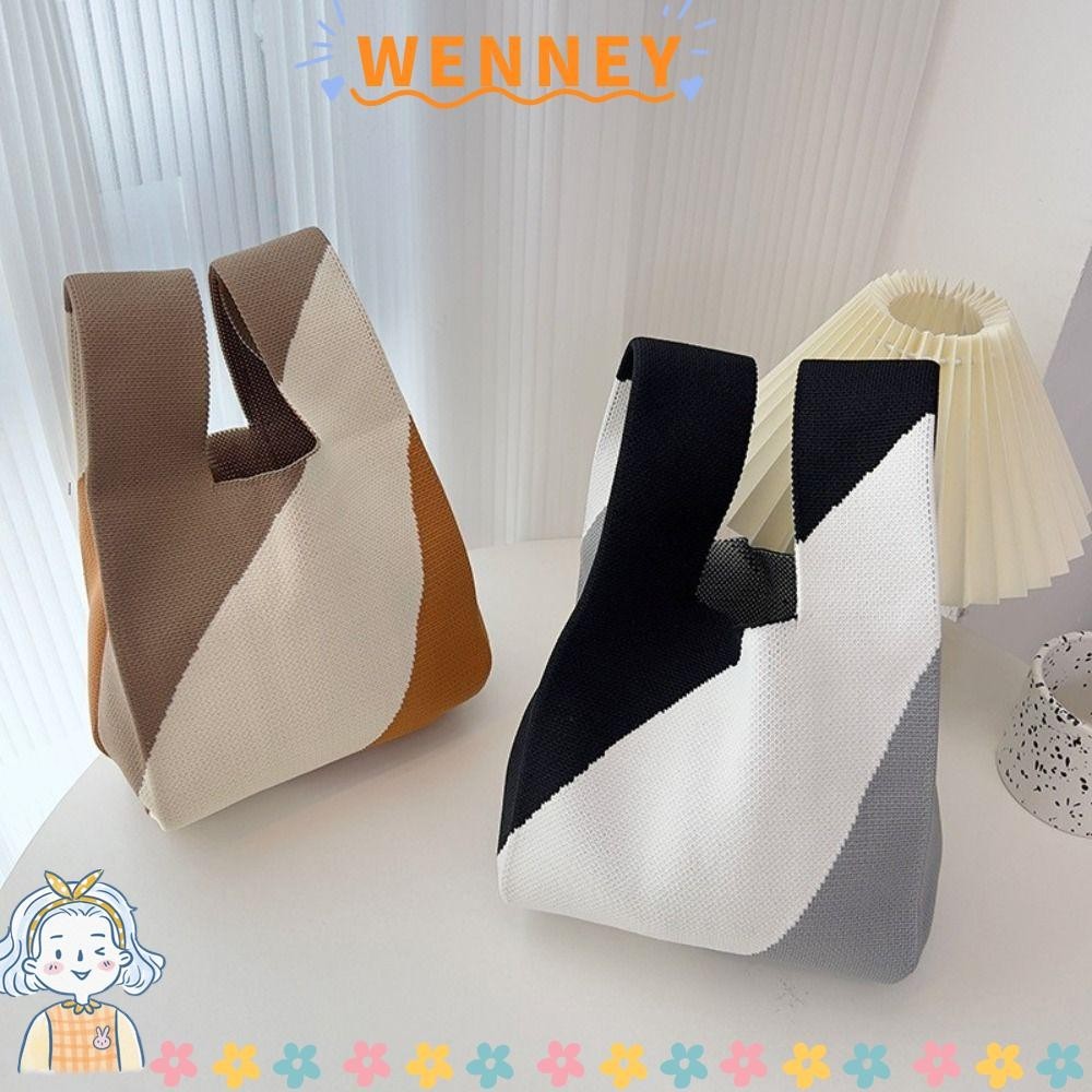 Wenney Knot กระเป ๋ าข ้ อมือ , รูปแบบเรขาคณิตถักถักกระเป ๋ าถือ , Handmade ความจุสูง Tote กระเป ๋ านักเรียน