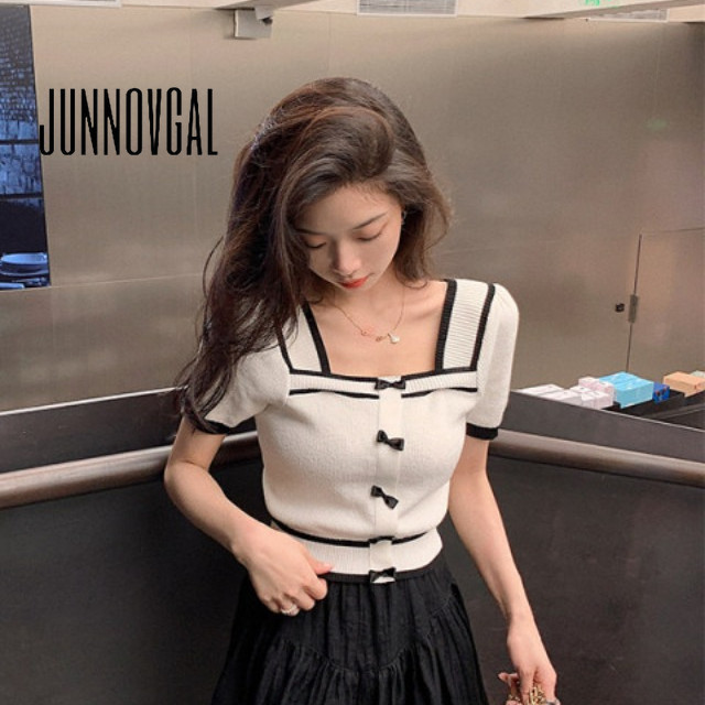 Junnovgal เสื้อยืดผู้หญิงถักแขนสั้นคอสี่เหลี่ยม Bowknot 2024 สไตล์ใหม่ Low Cut All Match