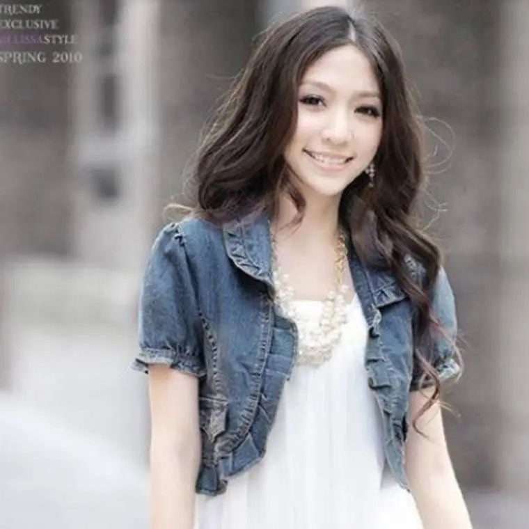 imoveแจ็คเก็ตยีนส์แขนสั้นผู้หญิงเกาหลี