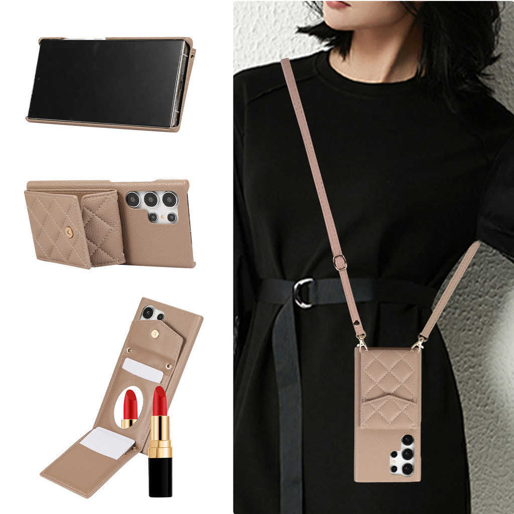 SAMSUNG หรูหราcrossbody Lanyardกระเป๋าสตางค์หนังแนวตั้งการ์ดSoltผู้ถือเคสโทรศัพท์สําหรับSamsung S24 S23 S22 Ultra Plus S23FE A15 A35 A55 A25 A54 A34 ปกหลังพร้อมกระจกแต่งหน้า