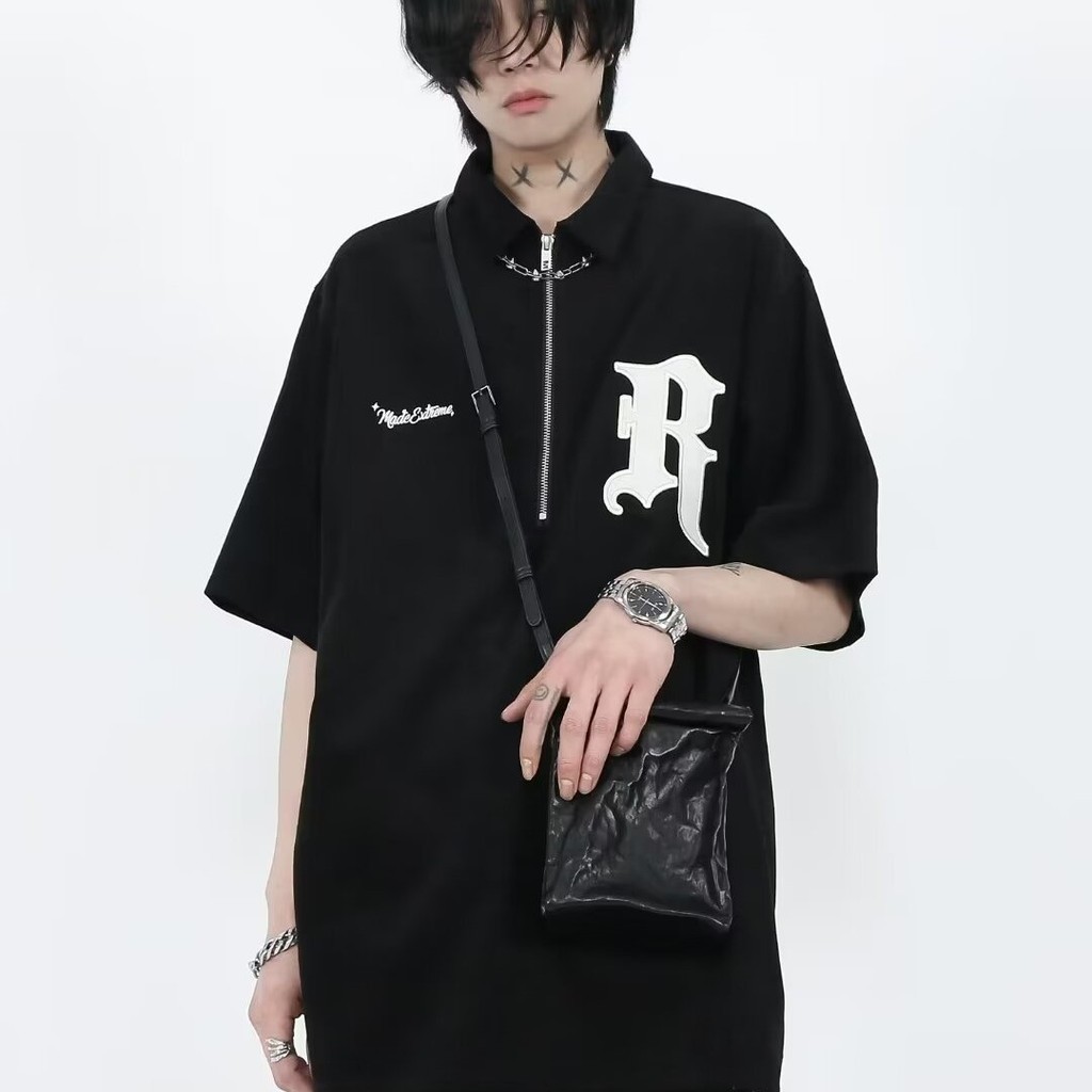 อเมริกันย้อนยุคเสื้อโปโลเสื้อยืดผู้ชายสไตล์ใหม่ซิปปกเสื้อยืดฮิปฮอปถนนสไตล์ฮ่องกงญี่ปุ่นแขนสั้น