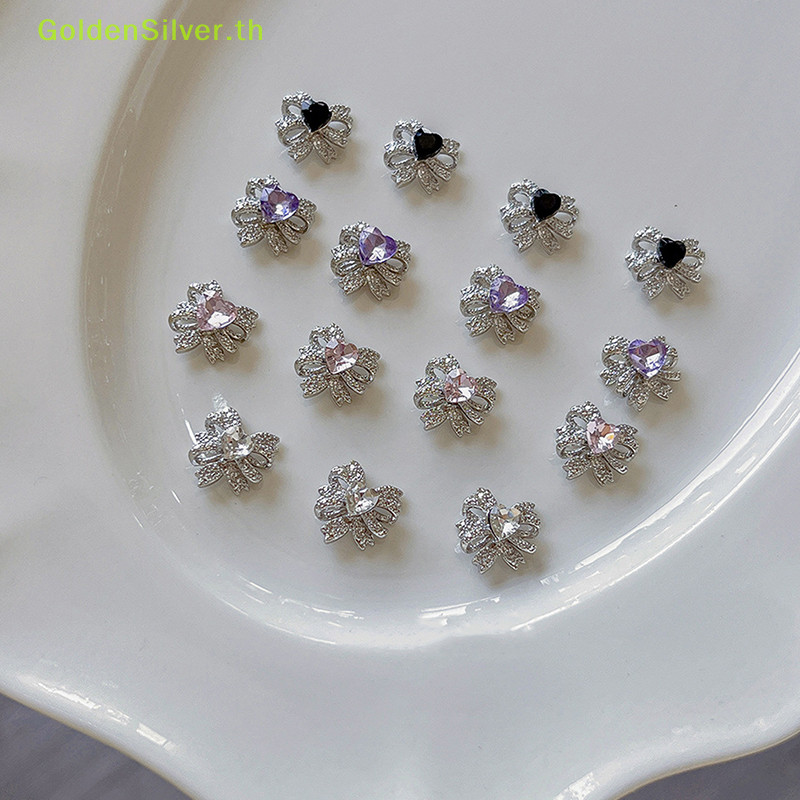 Goldensilver 5 ชิ้น Bows หัวใจเพชรเล็บ Charm 3D โลหะผสมโบว์หัวใจตกแต่งเล็บ DIY แฟชั่นเล็บอุปกรณ์เสริม TH