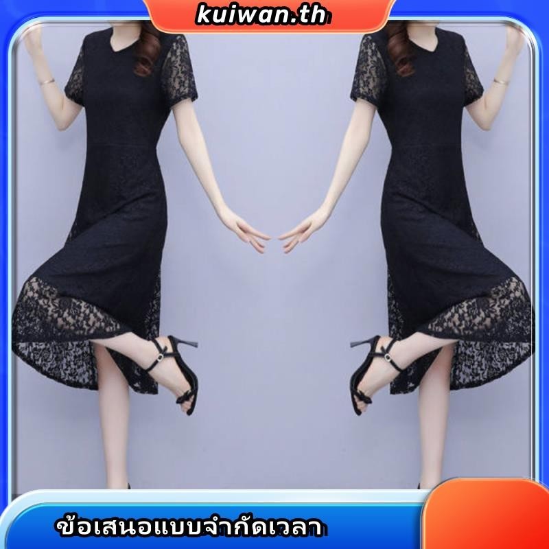 ชุดเดรสกระโปรง ความยาวปานกลาง แขนสั้น ปักลายลูกไม้ พลัสไซซ์ สีดํา สไตล์เกาหลี สําหรับสตรี Y5YD - รูปที่ 3