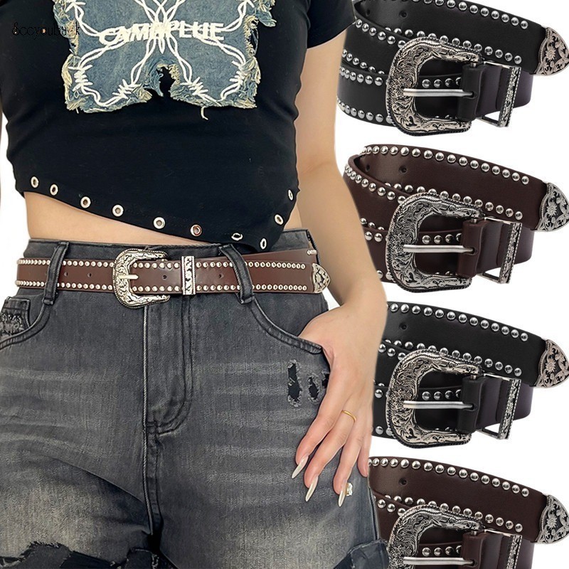 Y2k Retro Sweet Cool Cowgirl เข็มขัดหนัง PU Punk Rivet แกะสลักตกแต่งเข็มขัดผู้หญิงสาวส่วนบุคคลกางเกงยีนส์ชุดเข็มขัด