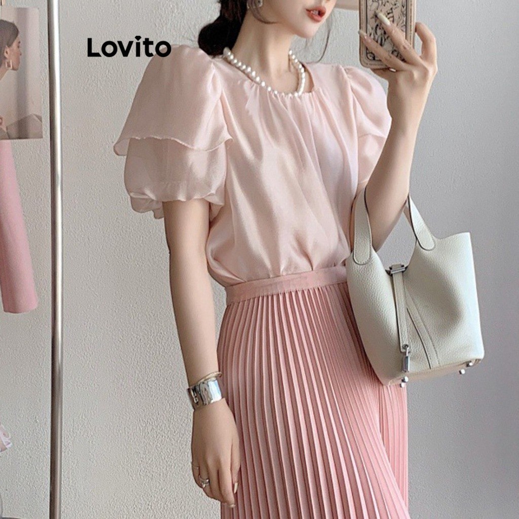 Lovito เสื้อเบลาส์ผู้หญิง แต่งระบาย สีพื้น หรูหรา LNE24094 (แอปริคอท/ชมพู)
