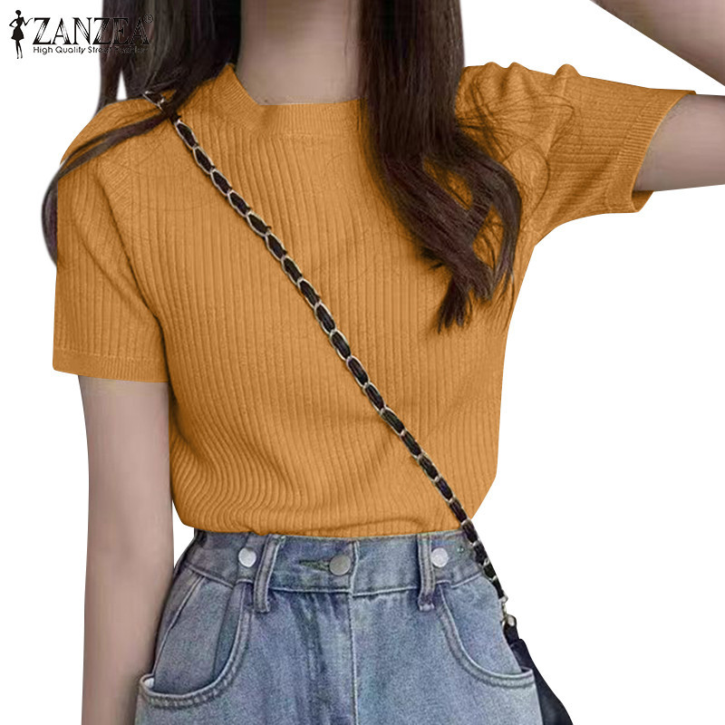 Zanzea เสื ้ อยืดคอกลมแขนสั ้ นผู ้ หญิง Casual Basic Pit Stripe H
