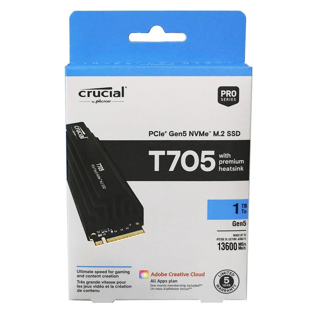 Crucial T705 1TB PCIe Gen5 NVMe M.2 2280 SSD with Black Heatsink (R:13600MB/s), CT1000T705SSD5