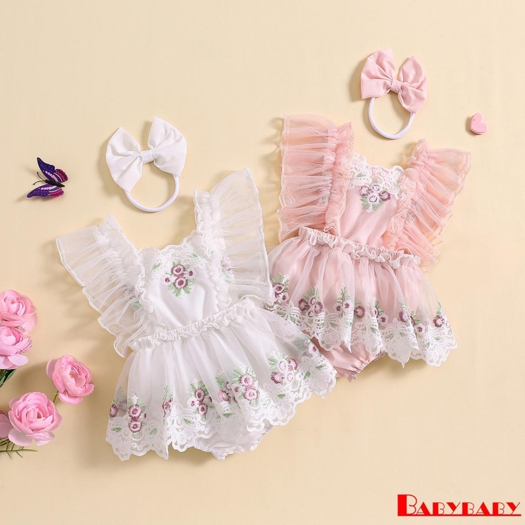 Bab-baby Girl Fly Sleeve ดอกไม ้ เย ็ บปักถักร ้ อยลูกไม ้ Trim Romper + 3D Bow Headband