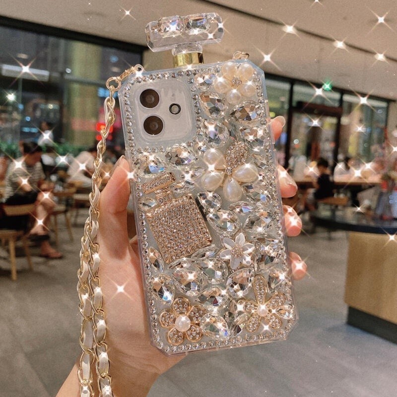 SAMSUNG หรูหราcrossbody Chains Blingเพชร 3Dไข่มุกดอกไม้ขวดน้ําหอมเคสโทรศัพท์สําหรับSamsung S24 S23 S22 S21 S20 Ultra Plus S23 S21 S20 FE Note20 Ultra Cover