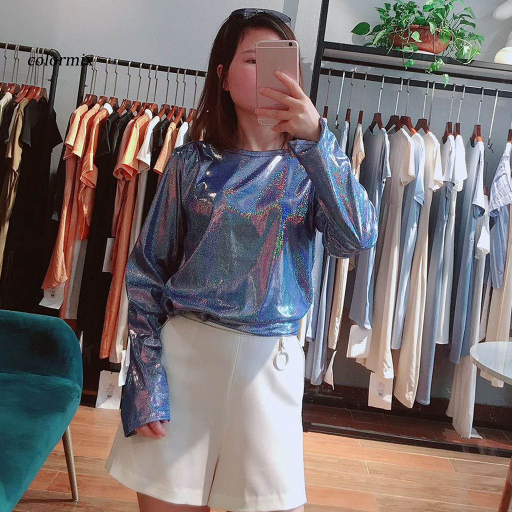 [CLM] ประกายสะท้อนแสงเสื้อยืดผู้หญิงแขนยาวเลื่อม ที ประกายสะท้อนแสงเลื่อมเสื้อยืดสไตล์ผู้หญิงหลวม พอดี สูงสุด