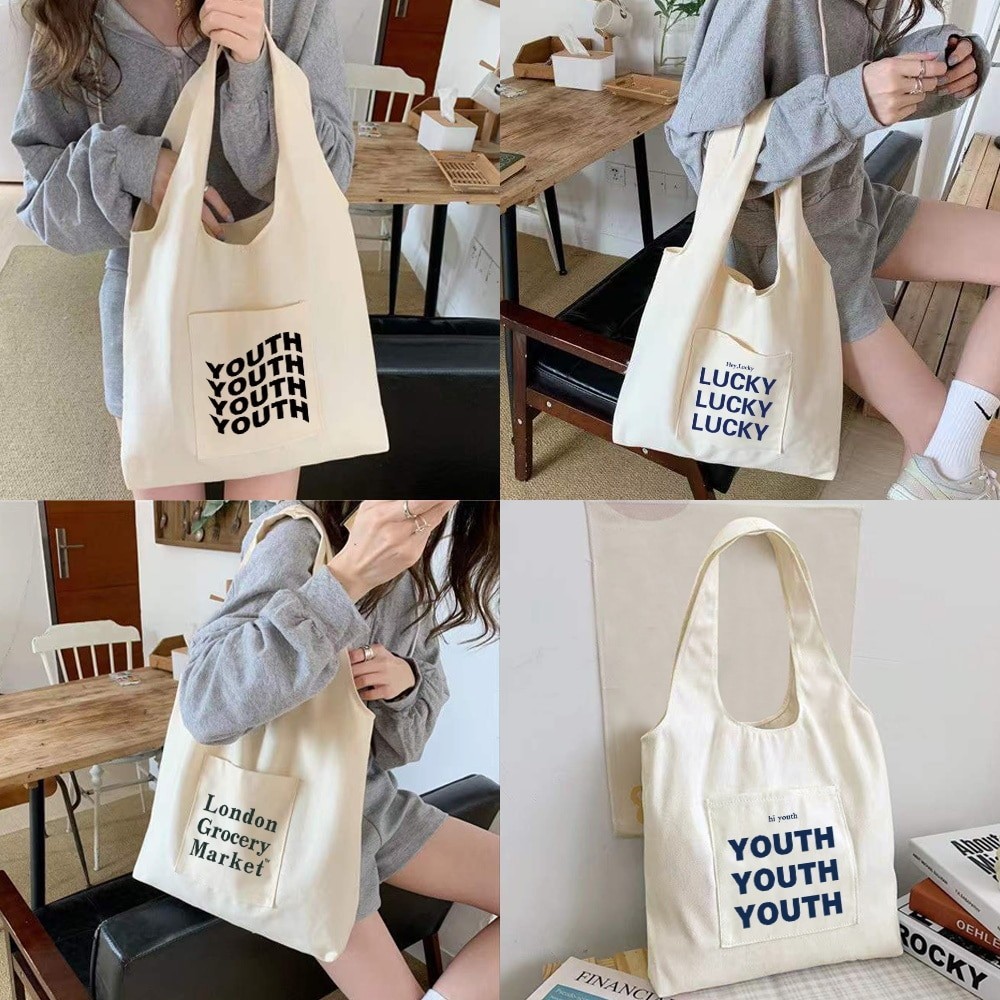 Shopping Canvas Vest Bag Tote Bag Women Canvas Shoulder Bag Letter Pattern Vest Bag Daily Grocery Ha