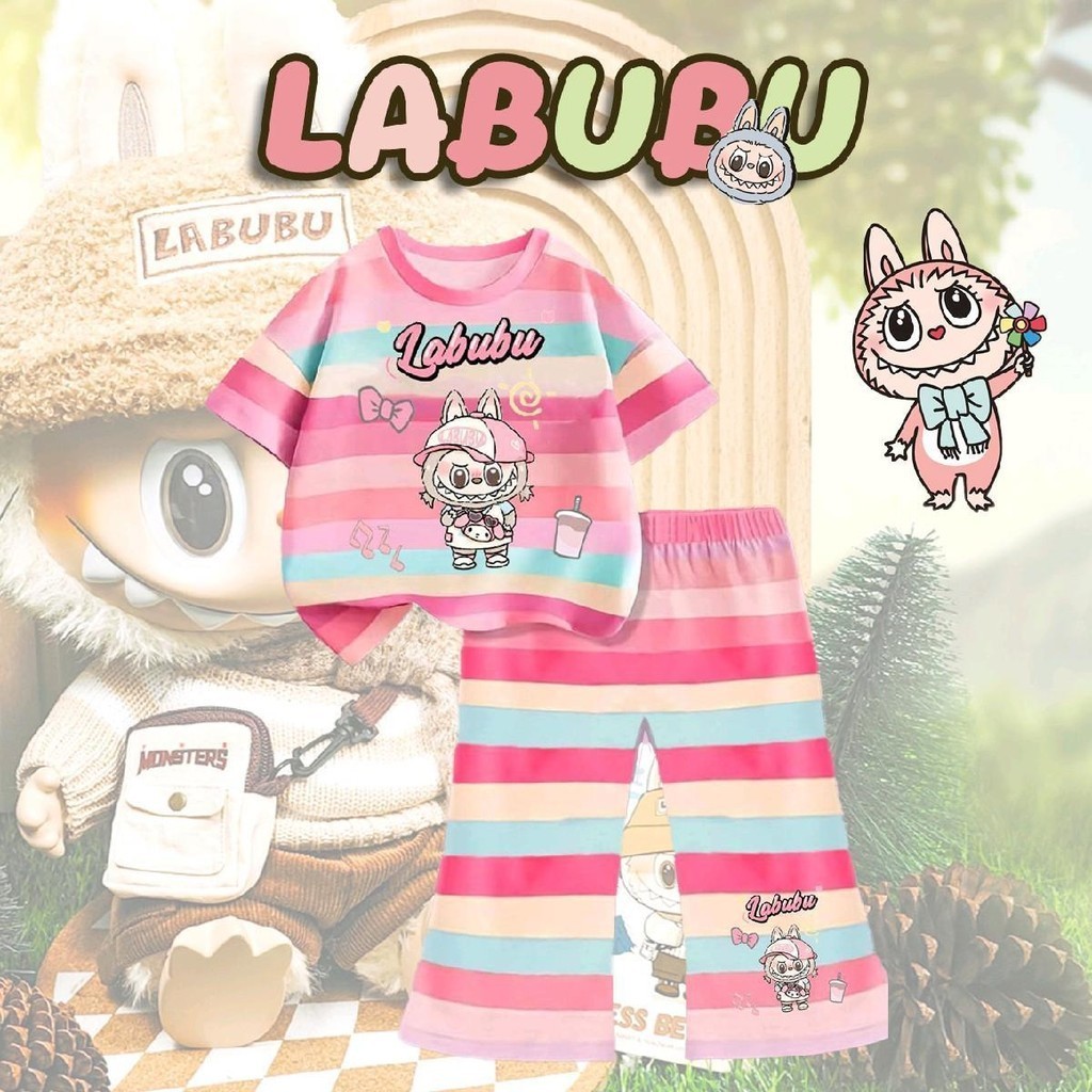 ชุดเซ็ทเด็กLabubuลายริ้วสีพาสเทล เสื้อ+กางเกง