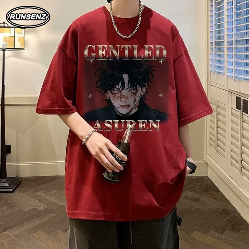 M-8xl เกาหลีอินเทรนด ์ สีแดง Top Men Plus ขนาด T เสื ้ อฤดูร ้ อนสบายๆหลวมแขนสั ้ น Oversize Tee