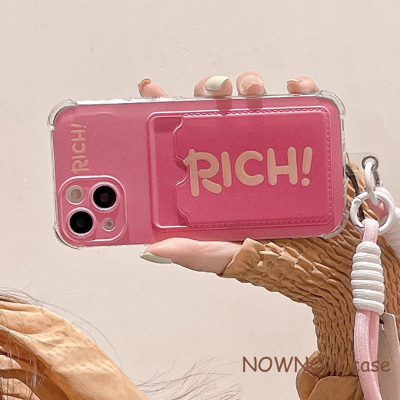 เหมาะสําหรับ iPhone 15 14 13 12 11 Pro MAX X XR XS MAX 7 8 Plus สีชมพู RICH รุ่นแนวนอนกรณีการ์ดผู้ถือบัตรใส่การ์ดมือถือโซ่แขวนเชือก