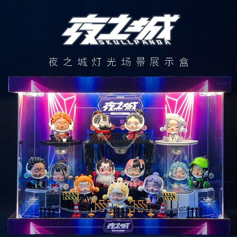 Pop Mart SKULLPANDA Night City Series Mystery Box Figure-Made Theme Scene Display Box โปร่งใสป้องกัน