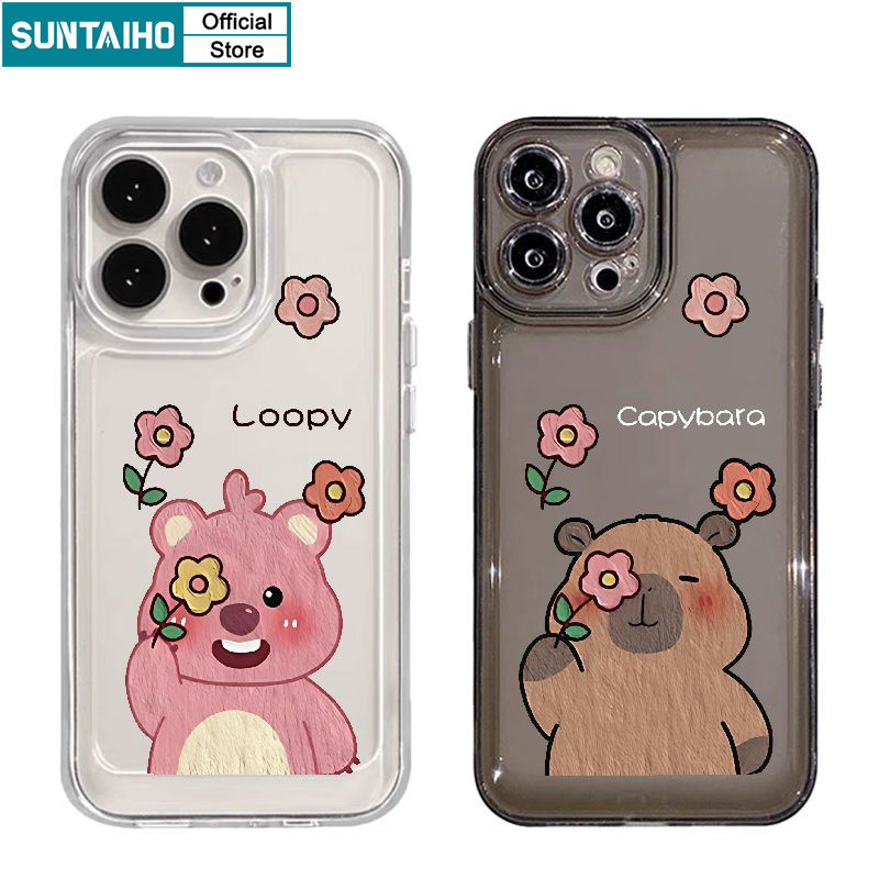 Suntaiho เคสไอโฟน ความงามน่ารักปลอกดอกไม้ Capybara คู่รูปแบบเคสโทรศัพท์สําหรับ Iphone 15 14 12 13 11 Pro Max IP 7 8 Plus Iphon X Xs XR Xs Max TPU Soft Premium กันกระแทกปกหลัง