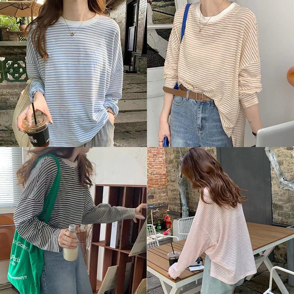 Lune_Graceเสื้อยืดแขนยาวลายทาง คอกลมไซส์ใหญ่ทรงใส่สบาย ผ้านุ่มนิ่มยืดได้เยอะ รุ่น2630