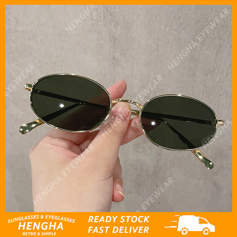 (HENGHA) แว่นกันแดดวินเทจสีเขียวโลหะกรอบเล็กแว่นกันแดดทรงวงรี
