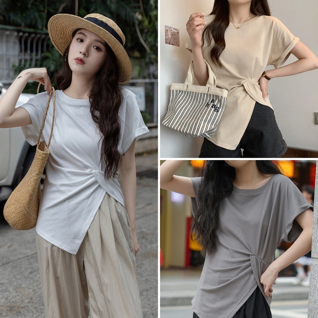 Betty house พร้อมส่ง เสื้อซินเทจ เสื้อยืดผู้หญิง ผ้ายืดสวยๆ แขนสั้นคอกลม cintage ดีไซน์ไม่สม่ำเสมอจีบด้านข้าง สไตล์เกาหลี