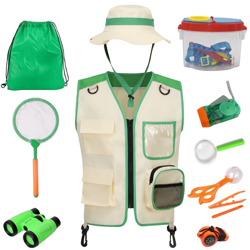 Kids Explorer Set & Cargo camping Vest Combo Outdoor Adventure Backyard Safari Cargo Vest สําหรับ 3-