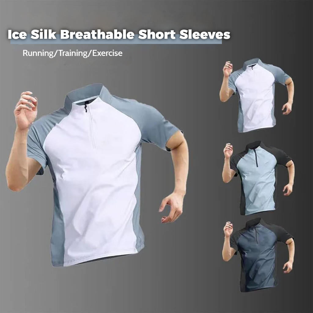MANSTR ใหม่ผู้ชายครึ่งซิปแห้งเร็วกีฬาแขนสั้นเสื้อยืดยิมการฝึกอบรมด้านบนเสื้อผ้าออกกําลังกายสีฟ้าสีขาวสีดํา