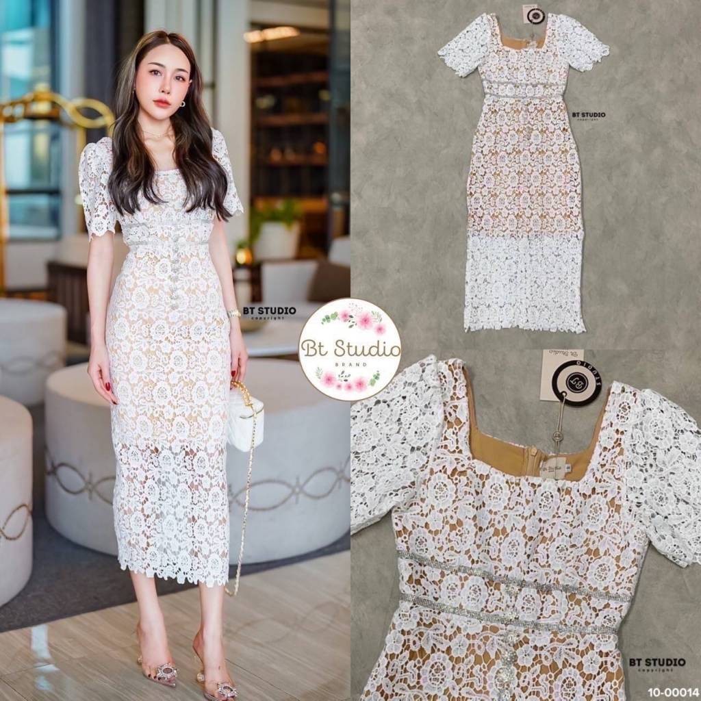 PT.fashion (พร้อมส่ง) BT100 00014 เดรสลูกไม้สีขาว แขนสั้นช่วงคอตัดสีเหลี่ยม ช่วงเอวแต่งแทบเพชรสองเส้
