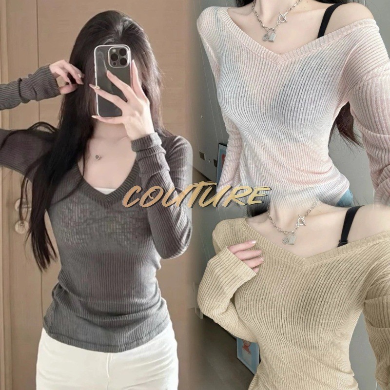Couture (ส่งจากกรุงเทพฯ)ผู้หญิงฤดูใบไม้ผลิฤดู คอวี เสื้อสลิมฟิต เสื้อผ้าแฟชั่นเกาหลี  สําหรับผู้หญิง /ครีมกันแดดถักขึ้น