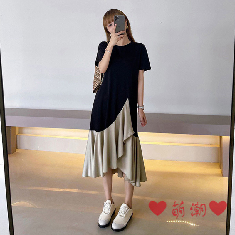 ชุดเดรส เดรสแขนสั้น ชุดเดรสสายเดี่ยว ชุดขนาดใหญ่ผู้หญิงฤดูร้อนหลวม ผอมลง ดูปลอมสองชิ้นชุดเย็บไม่สม่ําเสมอ เกิน-ที่-เข่า เสื้อยืดย