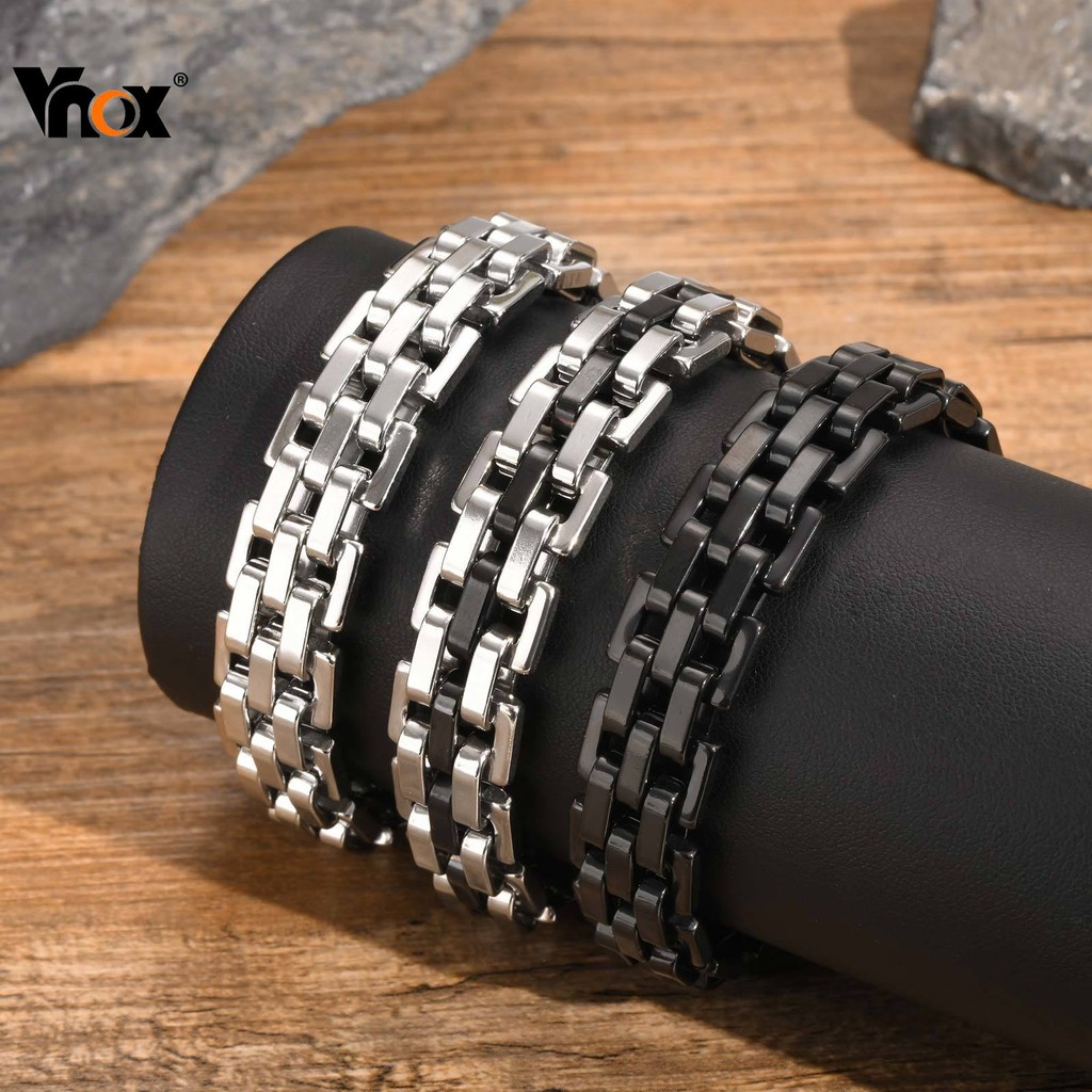 VNOX วีน็อกซ์ มินิมอลสแตนเลส18เคสร้อยข้อมือสําหรับผู้ชาย,โลหะหนักสีดําและสีเศษไม้สร้อยข้อมือ,พรรควันเกิดคลาสสิกเครื่องปร