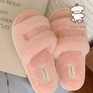 Xixtiao รองเท้าแตะผู้หญิงในร่มกลางแจ้งสวมใส่ Plush Keep Warm One-word Creative เย็บปักถักร้อย Soft Sole