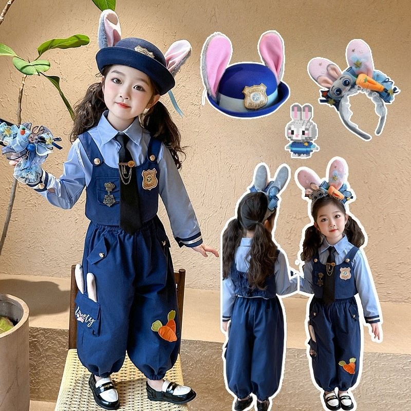 Girl Judy costume 2025 new children's college style rabbit police officer vest sweatpants set Halloween Zootopia cosplay costume