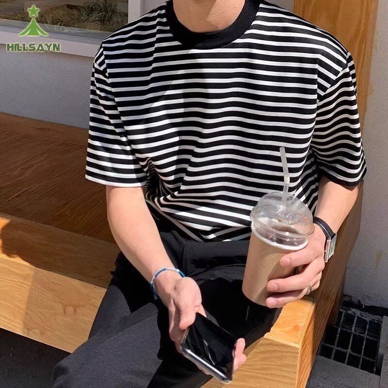 Hillsayn เสื้อยืดแฟชั่นลายทางชุดลําลองแขนสั้น