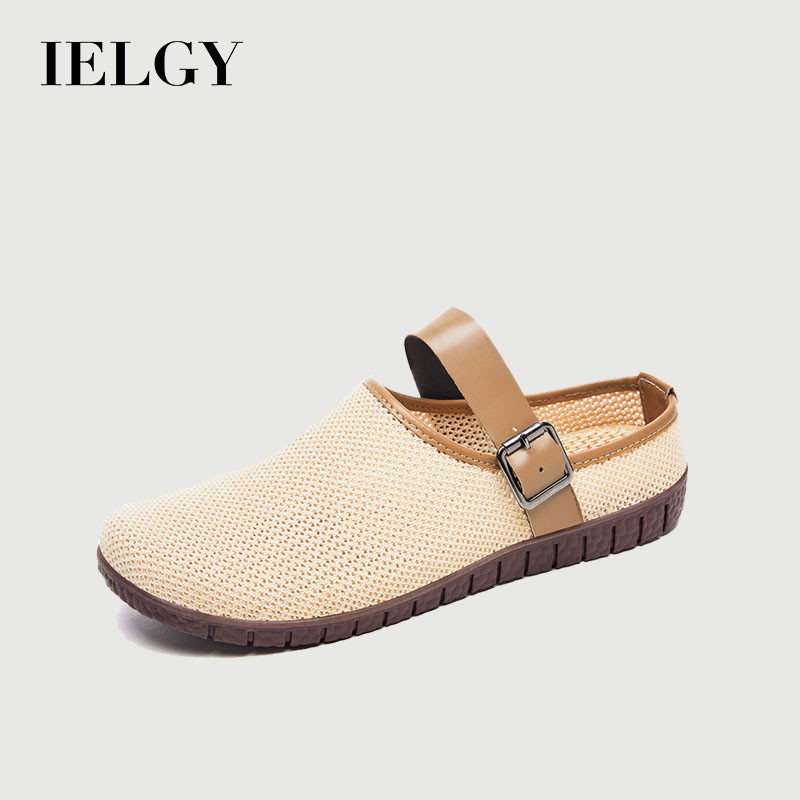 IELGY 2025 ผู้หญิงแอปริคอทสไตล์ฤดูใบไม้ผลิอเนกประสงค์ Retro Soft-soled รองเท้าแตะ Ins รองเท้าแตะลําลองตาข่าย