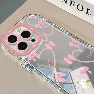 สีแดง โบว์ เคสไอโฟน12 สำหรับ IPhone 15 11 14 12 13 16 Pro Max XR X XS 8Plus 7Plus Max 13 7 8 Plus SE พื้นผิวกระจก