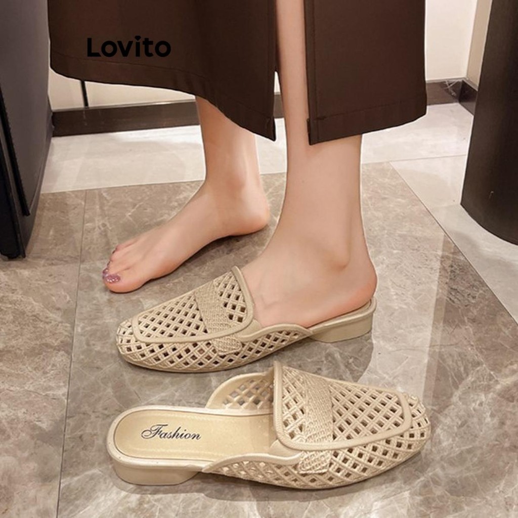 Lovito รองเท้าแตะส้นแบนกันลื่นพื้นนุ่มแบบเรียบง่ายสำหรับผู้หญิง LFA56356