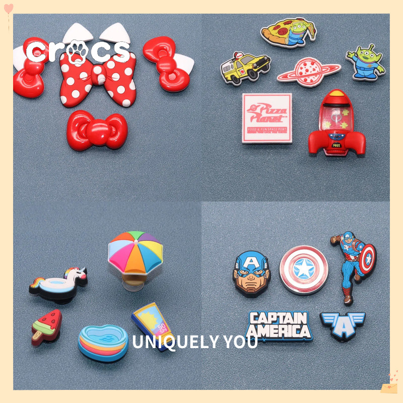 Crocs JIbbitz กัปตันอเมริกา JIbbitz Pizza Planet รองเท้าหัวเข็มขัด charm Crocs การ์ตูนโบว์อุปกรณ์เสริมรองเท้า