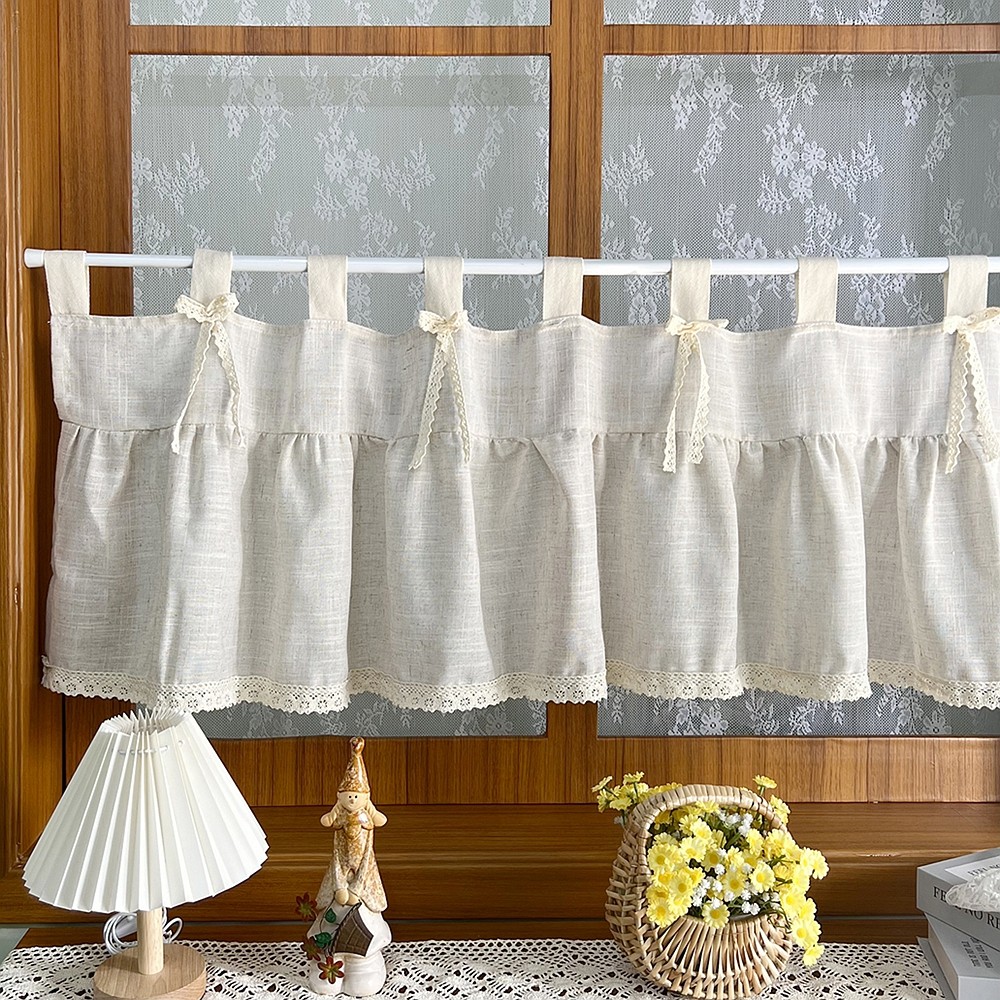 การออกแบบบ้านไร่ Boho Sheer ผ้าม่านสั้น Ruffled ห้องครัว Valance สําหรับ Cafe หน้าต่างขนาดเล็กผ้าลินินดู Bohemian Neutral ผ้าม่าน Topper Tab Top - รูปที่ 2
