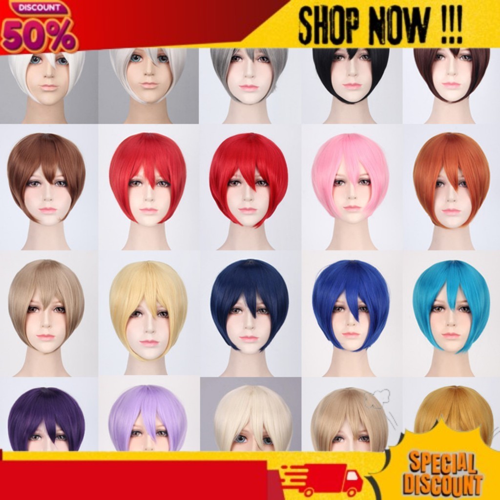 ใหม่เหมือน K047 วิกผมฐานผู้ชายสั้นคอสเพลย์ผมปลอม 30 ซม.สีดําสีเทาสีน้ําตาลทุกวัน Lolita ecos