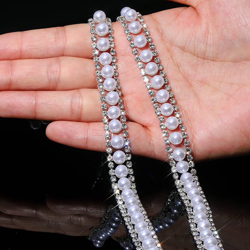 1 หลาสีขาวมุก พลอยเทียม ตัดริบบิ้นคริสตัลเงินมุกแบนโซ่เจ้าสาวชุดแต่งงานอุปกรณ์ตกแต่ง - รูปที่ 2