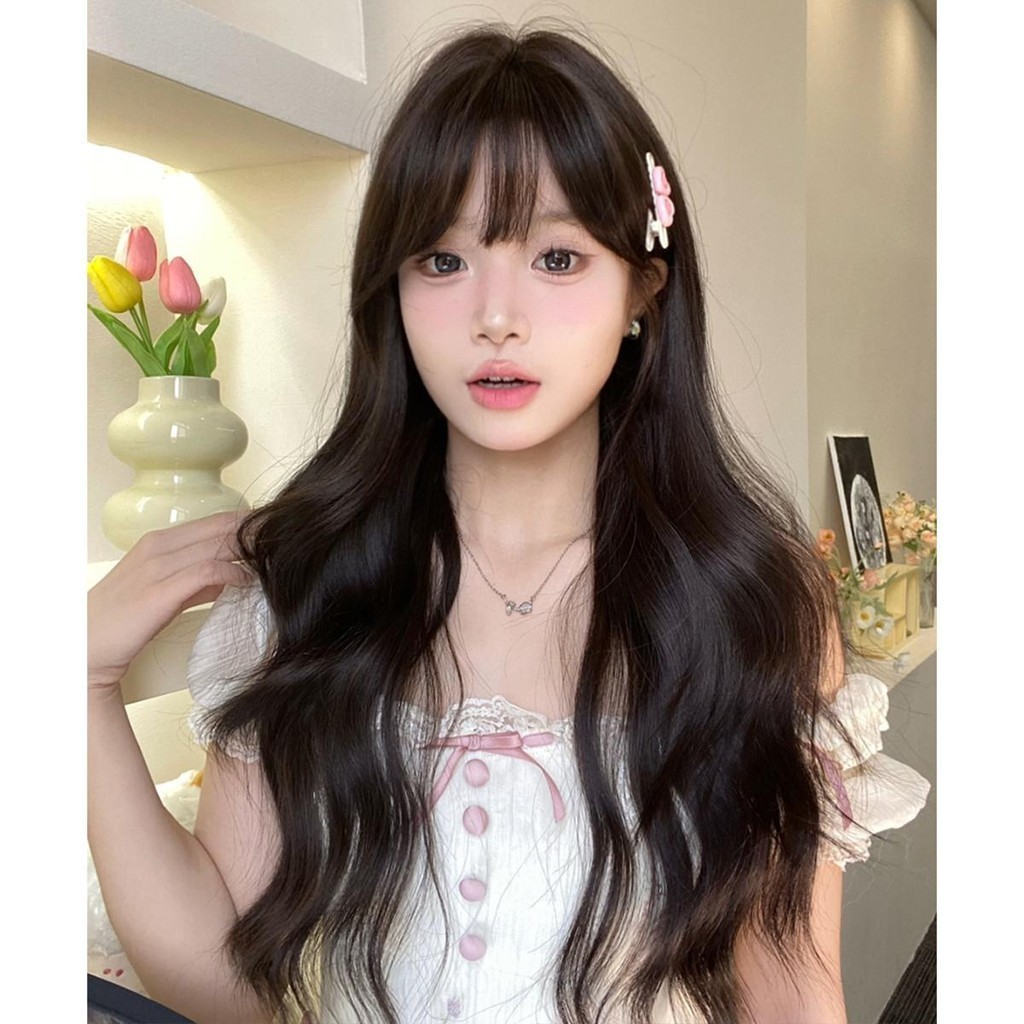 วิกผมลอนคลื่นเล็กสีน้ำตาลเข้ม มีหน้าม้า (ยาว 68 cm) GDS Wigs