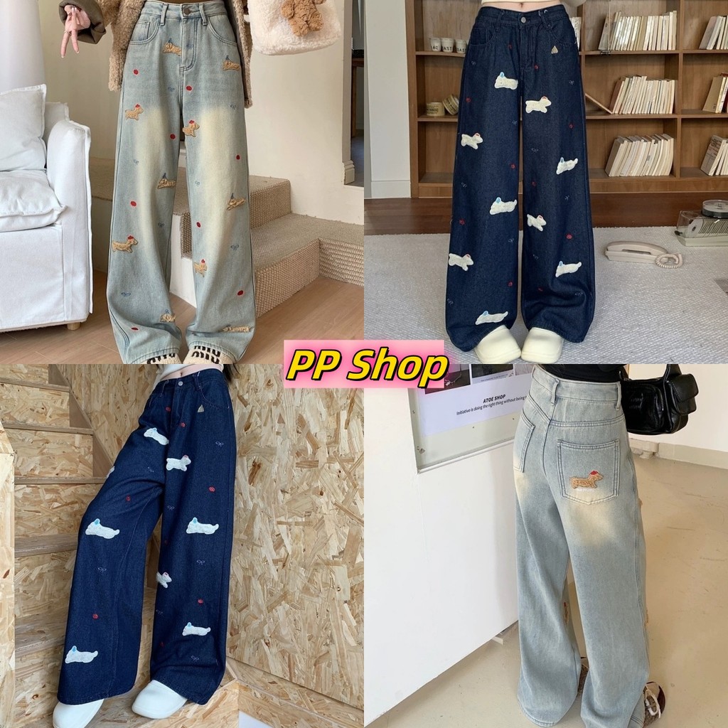 💜PP shop💜พร้อมส่ง กางเกงยีนส์ขายาว เองสูง กางเกงขากว้าง ทรงกระบอกใหญ่ ลายน่ารัก ทรงสวย เท่ กางเกงสแล