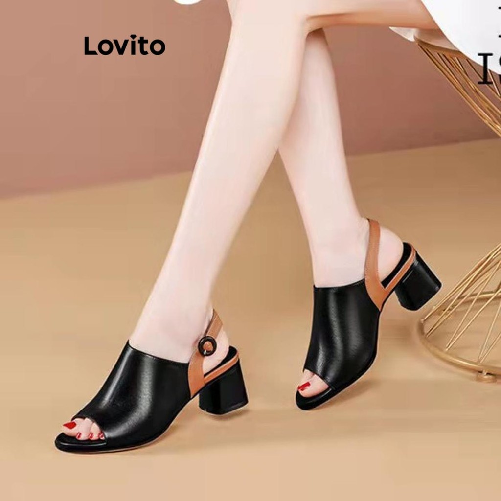 Lovito สง่างามธรรมดา บล็อกสี รองเท้าปากปลาส้นบล็อกอเนกประสงค์ที่เรียบง่ายสําหรับผู้หญิง  LFA65247