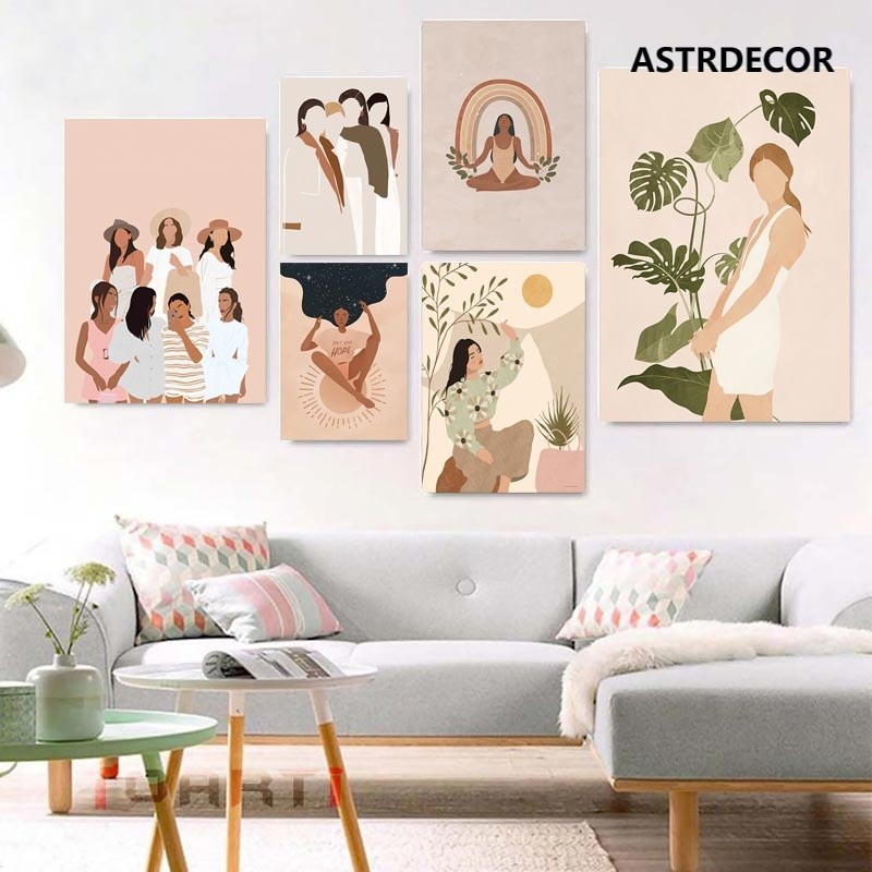 โปสเตอร์ภาพวาดผ้าใบ พิมพ์ลายผู้หญิง สไตล์โบโฮ สําหรับตกแต่งผนังห้องนั่งเล่น