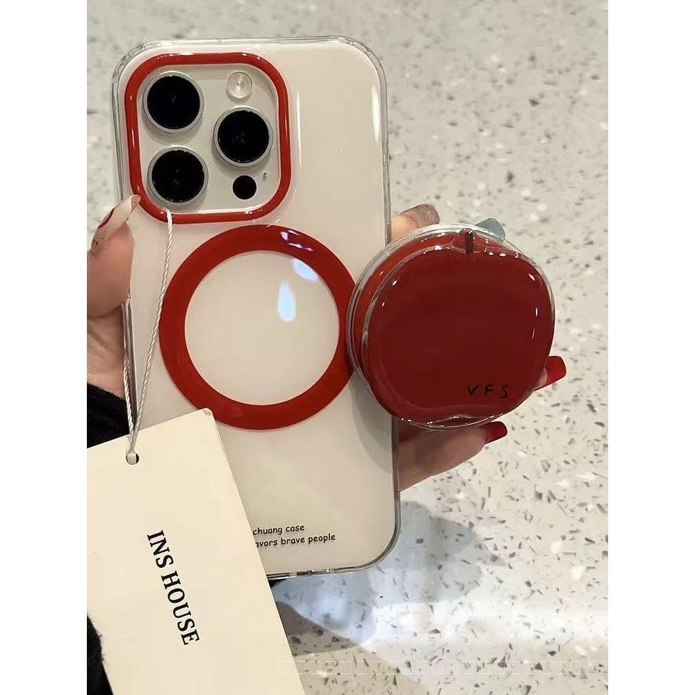 เคสโทรศัพท์แม่เหล็กแบบยืนสีแดงเรียบง่าย สำหรับ iPhone 11 12 13 14 15 16 Pro Max 7P/8P/X/XS/XR/XS Max 15 Pro Max 14 Pro 13 Pro Max โปร่งใส กันกระแทก อะคริลิก
