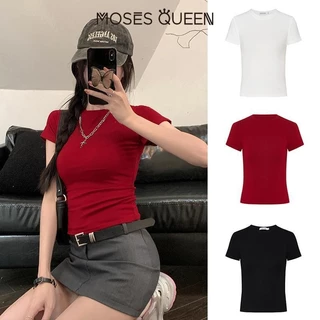 MOSESQUEEN อเมริกัน บาง พอดี เสื้อยืดแขนยาวสําหรับผู้หญิง ฤดูร้อนสไตล์ใหม่สาวเผ็ดเสื้อฐานสั้นสีทึบไหล่ปกเสื้อด้านบน #62220-62145