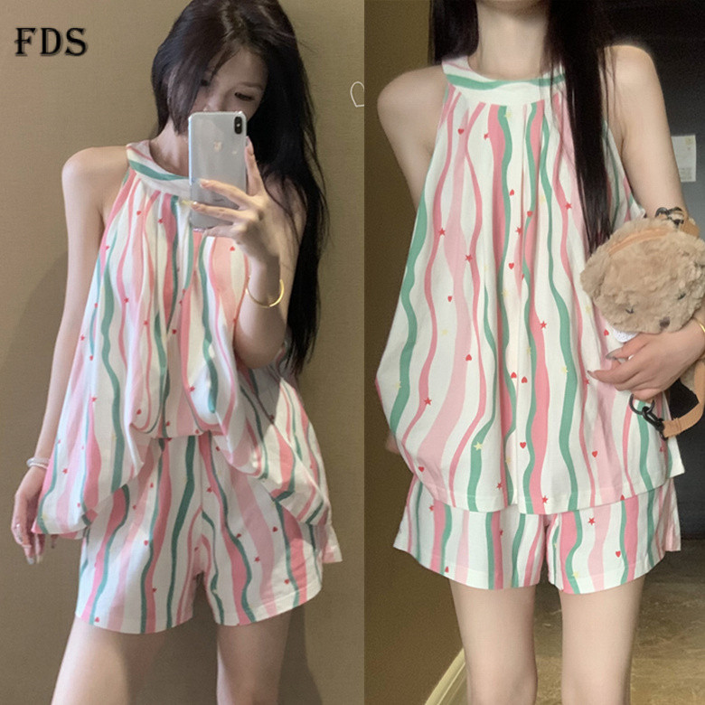 ชุดนอนผู้หญิงใหม่ฤดูร้อน FDS สบายๆ น่ารัก สีชมพูลายดาว ลายทาง คล้องคอ ชุดนอนสั้นคู่